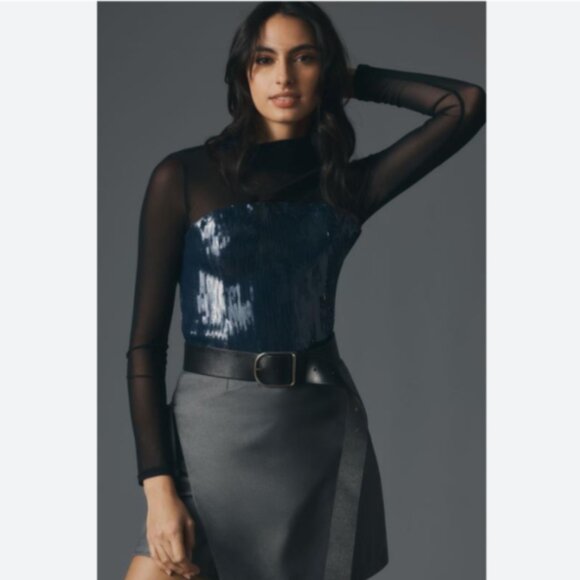 Brand New Maeve Sequin Sheer Mesh Mock-Neck Top - Picture 3 of 7